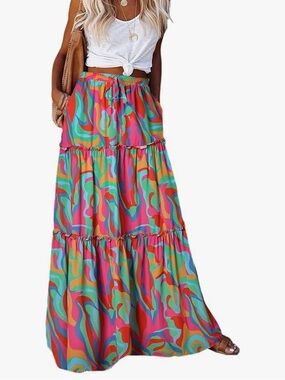 Tiered Maxi Skirt in Multicolor Swirl Print
